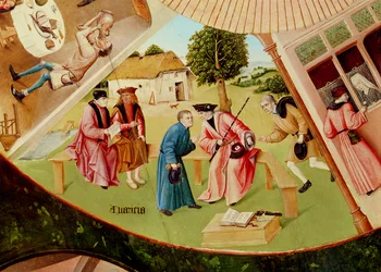 Avaricia, detalle de la Mesa de los Siete Pecados Capitales y las Cuatro Últimas Cosas, c.1480 (detalle)